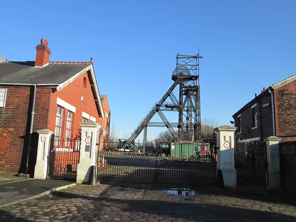Entrance gates and steel pit headgear of the Lancashire Mining Museum at Astley Green Colliery, near Leigh