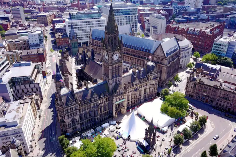 Aerial view of Manchester Town Hall and Albert Square, home of Manchester City Council which decides solar planning applications in the city