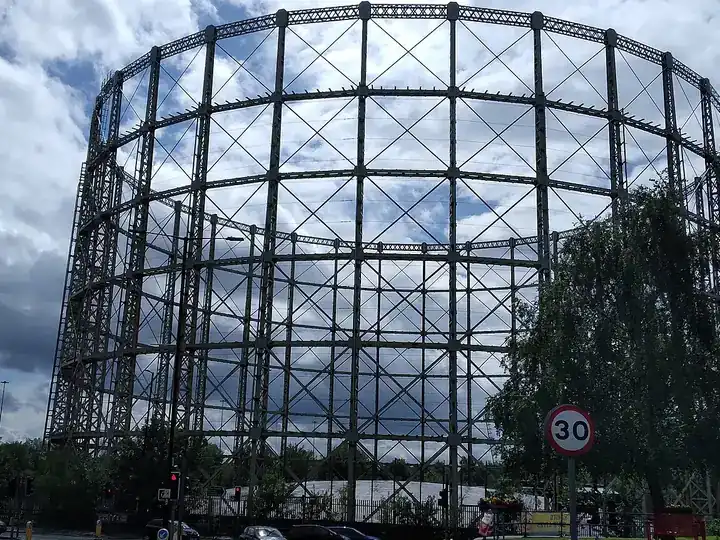 Victorian lattice gasholder at the Bradford Road gas works near the Etihad Campus, East Manchester