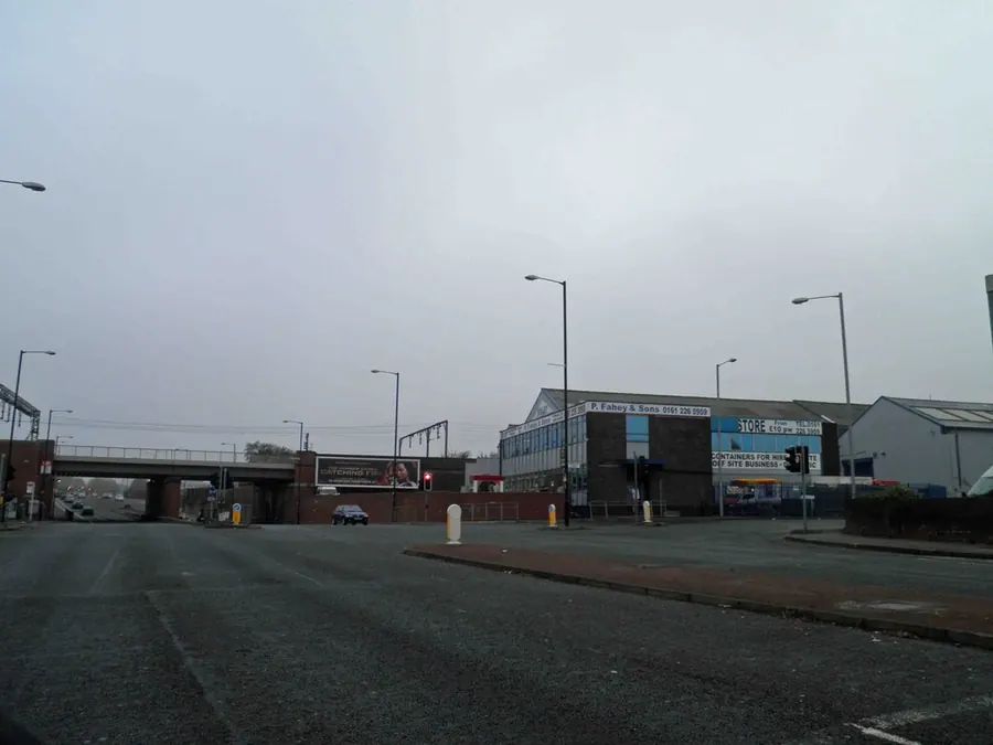 Low-rise industrial units along Pottery Lane, Longsight, on the southern edge of East Manchester