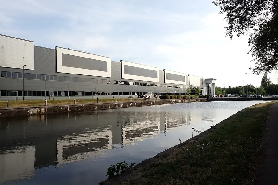 Large distribution buildings at Westwood Park beside the Leeds and Liverpool Canal, Wigan